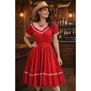 Vintage Jeri Bee Red White Floral Cotton Blend Square Dancing Dress S